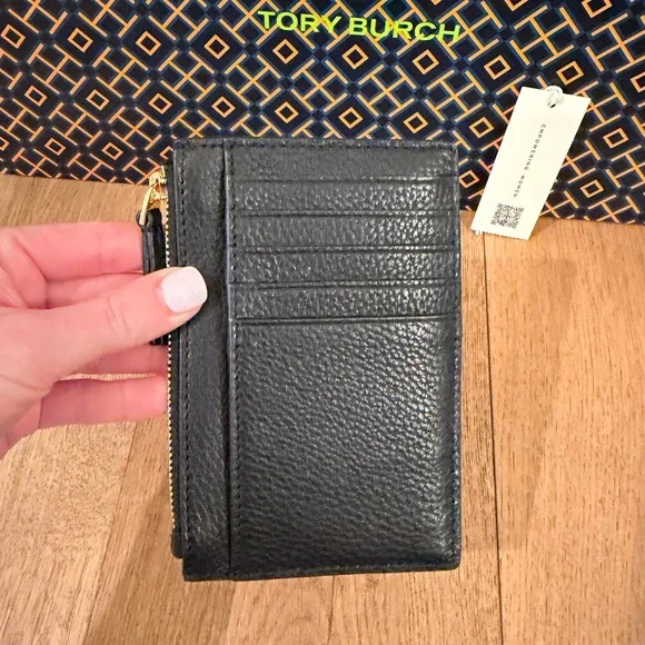 Tory Burch Britten Zip Card Case Mini Wallet Black Gold - Picture 3 of 5